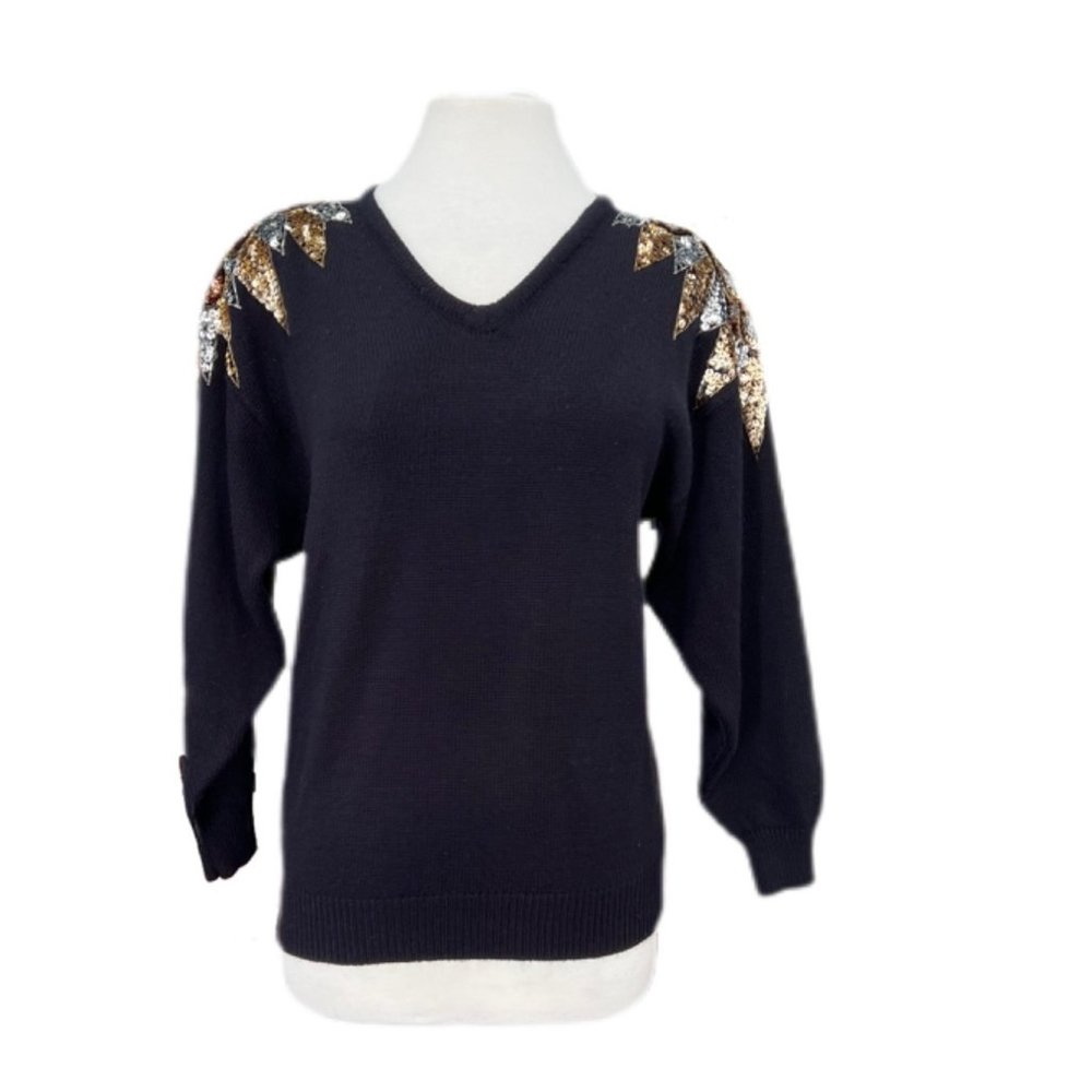 Vintage Black V-Neck Sweater with Sequin Shoulders | Size Medium